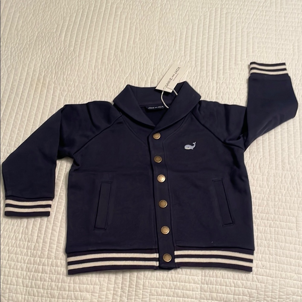 NWT Jane and Jack Navy Blue Whale Logo Shawl Cardigan